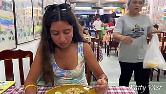 Teen Girl Katty Enjoys Her Meal At An Asian Restaurant, Showing Her Wet Pussy