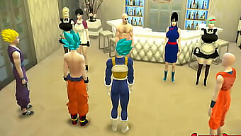 Dragon Ball Hentai: Hizmetçi Goku, Gohan, Vegeta Ve Clirin, Eşleriyle Birlikte Şeyleri Renklendiriyor