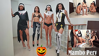 黒人男性と悪魔の女の子が、変態修道女たちとのハロウィンセックスの儀式に参加します。